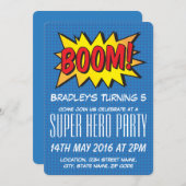 Comic Super Hero Blue Personalized Kids Birthday Invitation (Front/Back)