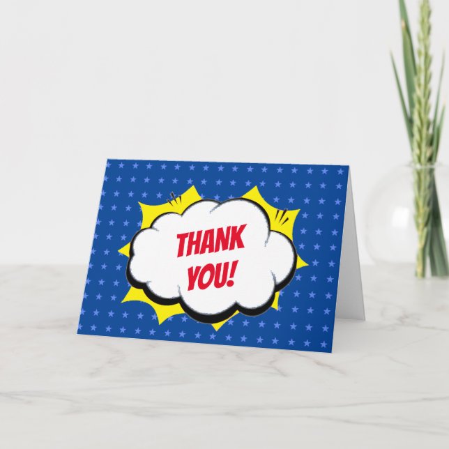 Comic Super Hero Blue Personalized Kids Thank You Card (Front)
