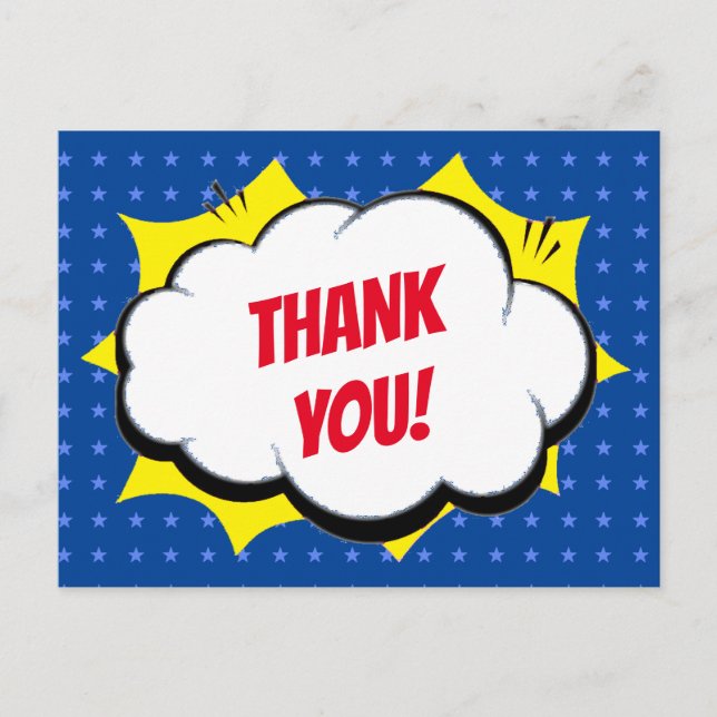 Comic Super Hero Blue Personalized Kids Thank You Postcard (Front)