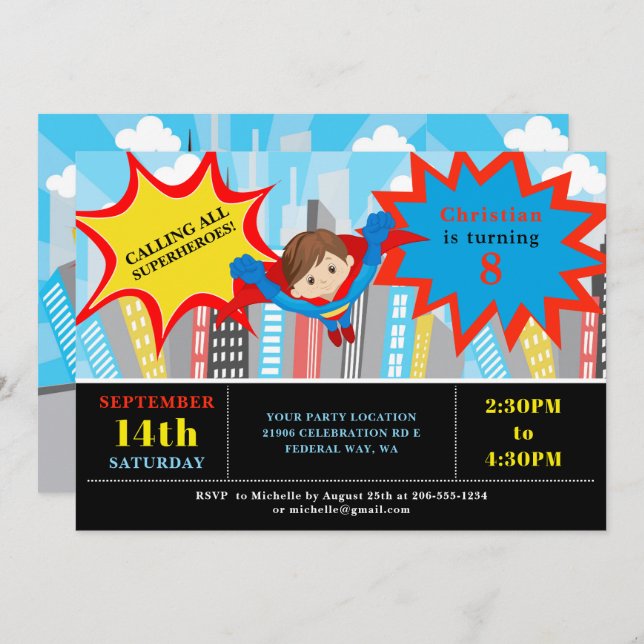 Comic Superhero Boy Birthday Party Invitation (Front/Back)