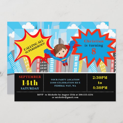 Comic Superhero Boy Birthday Party Invitation