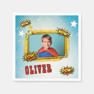 Comic Superhero Boy's Name Photo Birthday Party Napkins