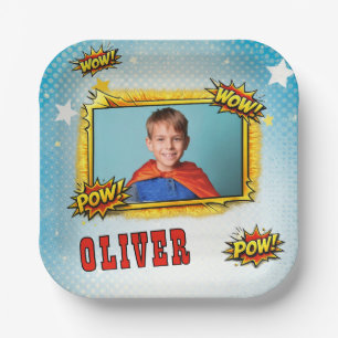 Comic Superhero Boy's Name Photo Birthday Party Paper Plates