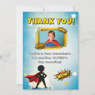 Comic Superhero Boy's Name Photo Birthday Thank You Card