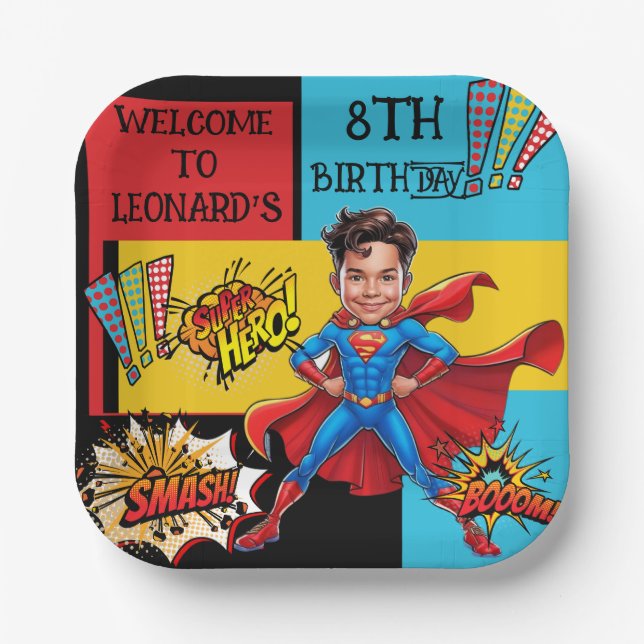 Comic Superhero caricature  Paper Plates (Front)