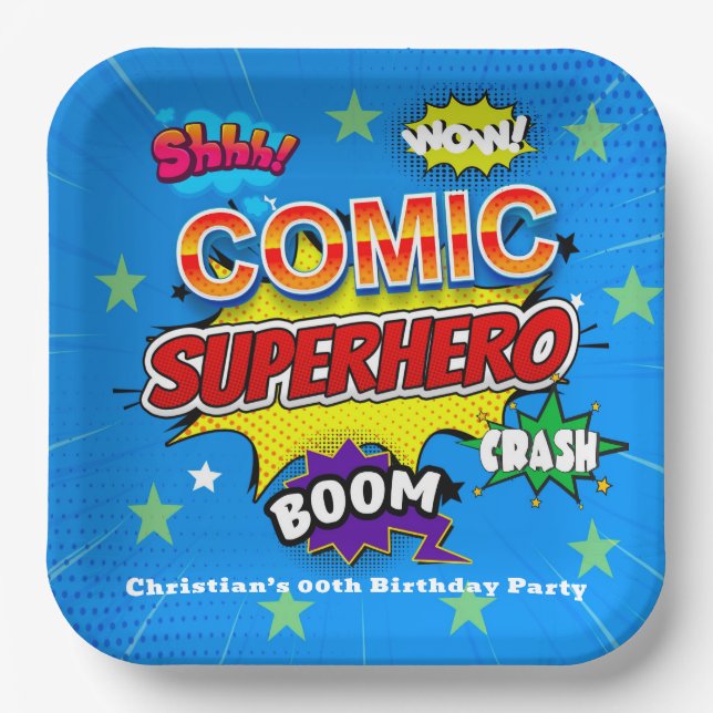 Comic Superhero Strip 00th Birthday Party Paper Plates (Front)