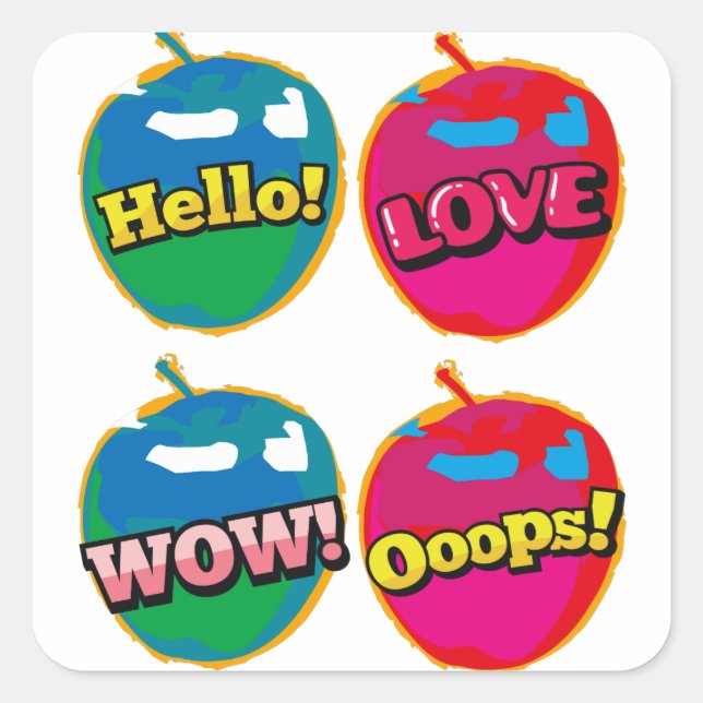 Comic Wow Hello Love Pink Apple Pop Art Square Sticker (Front)