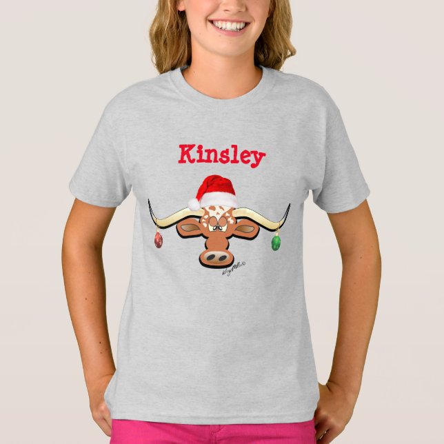 Comical Christmas Longhorn Steer T-Shirt (Front)
