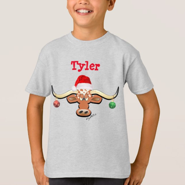 Comical Christmas Longhorn Steer T-Shirt (Front)