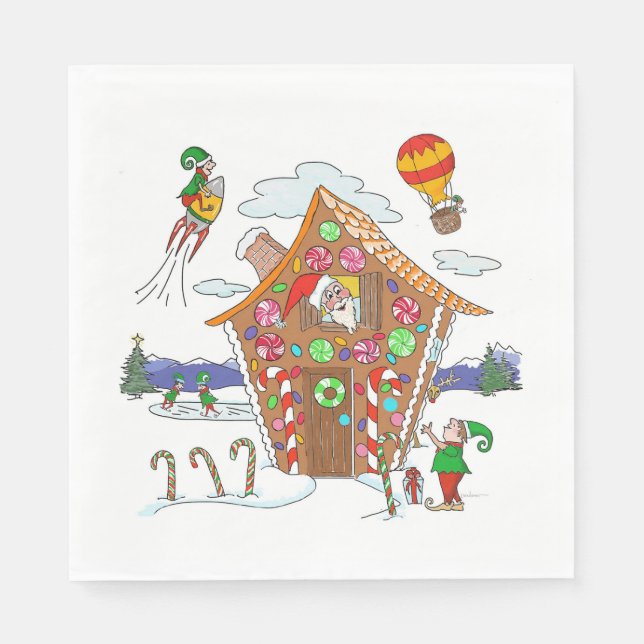 Comical Christmas Scene Santa Elves and Rudolph Napkins (Front)