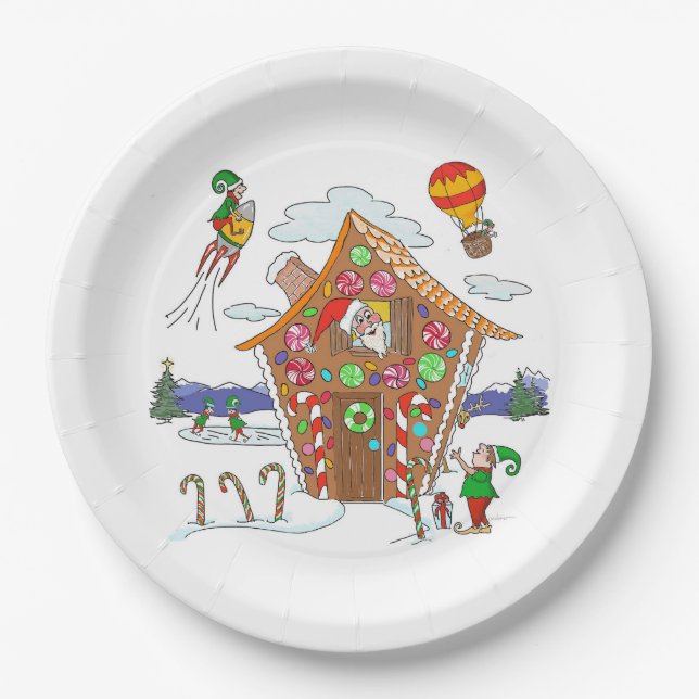 Comical Christmas Scene Santa Elves and Rudolph Paper Plates (Front)