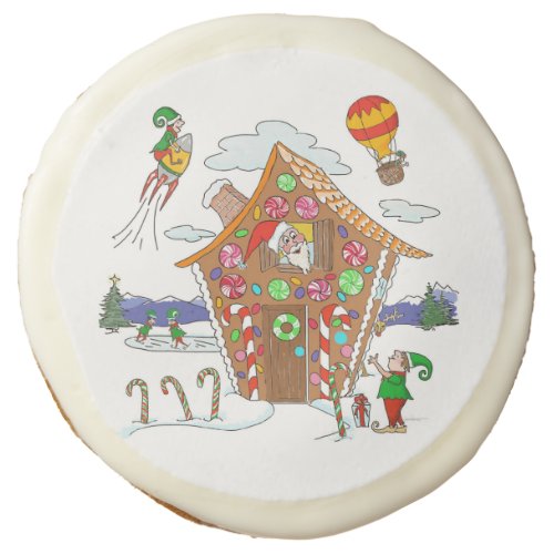 Comical Christmas Scene Santa Elves and Rudolph Sugar Cookie