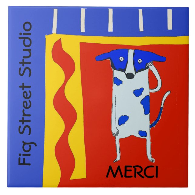 Comical Dog, Merci  edit text Ceramic Tile (Front)