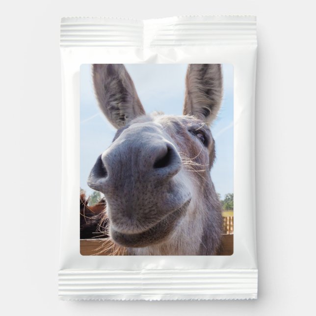 Comical Gray Smiling Donkey Hot Chocolate Drink Mix (Front)