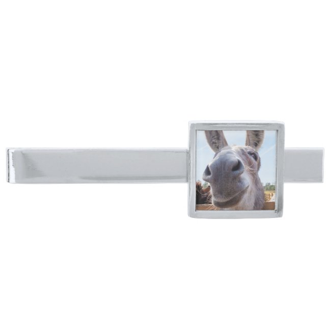 Comical Gray Smiling Donkey Silver Finish Tie Bar (Front)