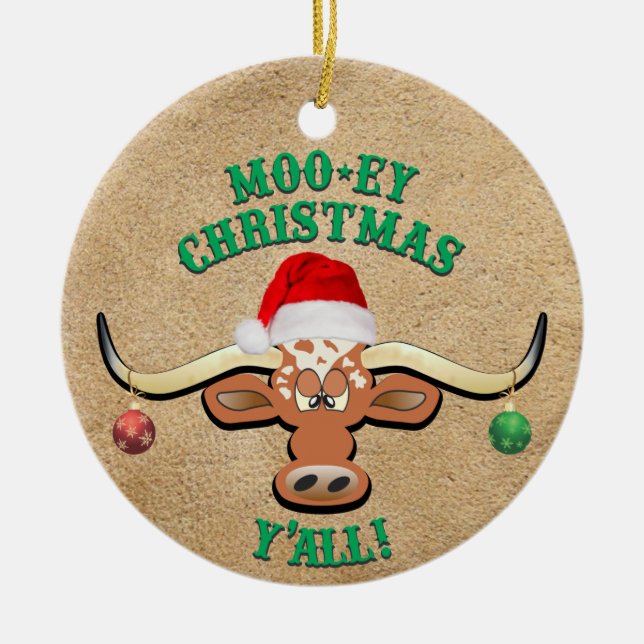 Comical Longhorn Steer Ceramic Ornament (Front)