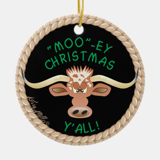 Comical Longhorn Steer Ceramic Ornament (Front)