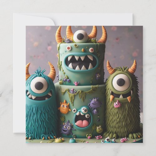 COMICAL ODDBALL KOOKY  MONSTER CAKE BIRTHDAY INVITATION