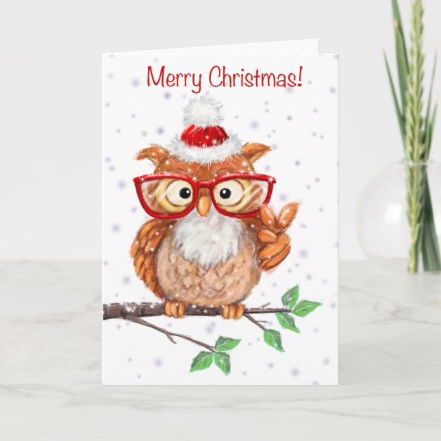 Comical Owl with Pease Sign, Merry Christmas Card (Front)