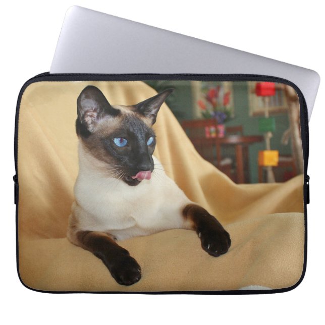Comical Seal Point Siamese Cat Licking It's Nose Laptop Sleeve (Front)