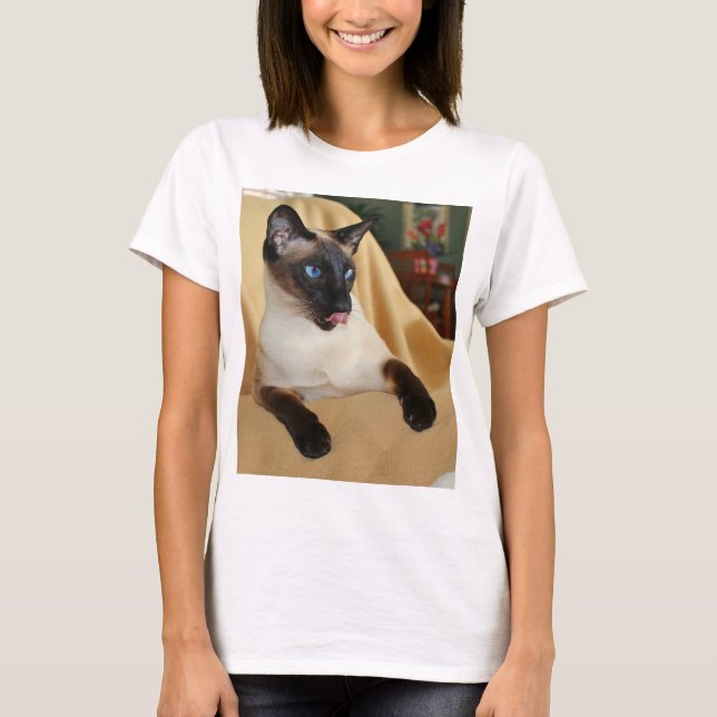 Comical Seal Point Siamese Cat Licking It's Nose T-Shirt (Front)