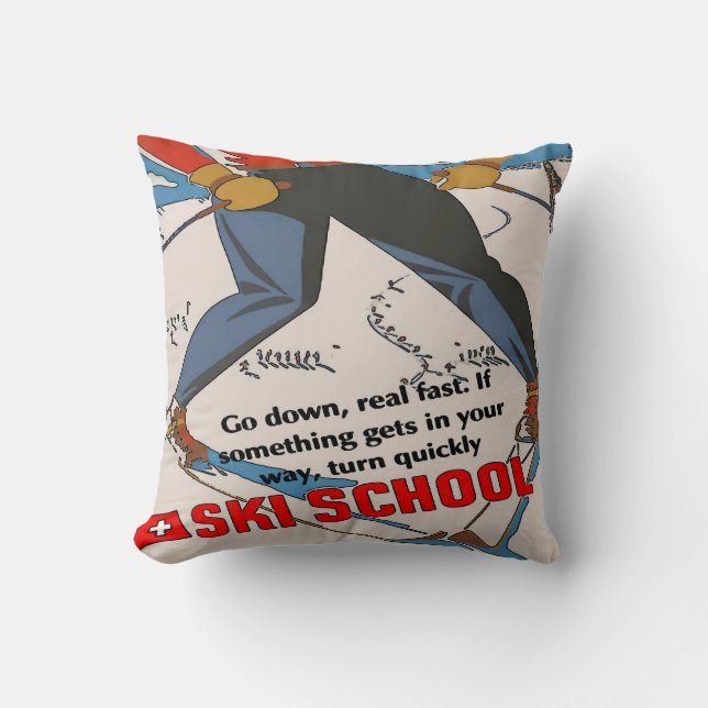 Comical Ski School Throw Pillow (Front)