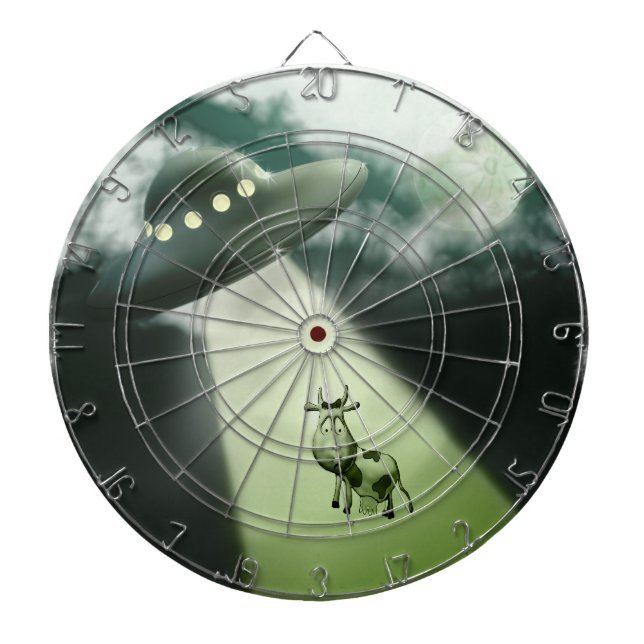 Comical UFO Cow Abduction Dartboard With Darts (Front)