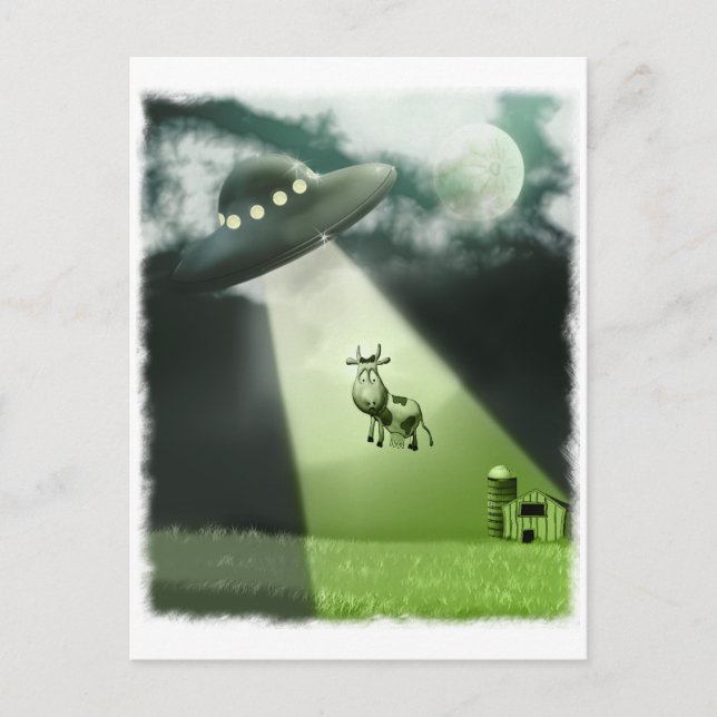 Comical UFO Cow Abduction Postcard (Front)