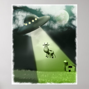 Comical UFO Cow Abduction Poster