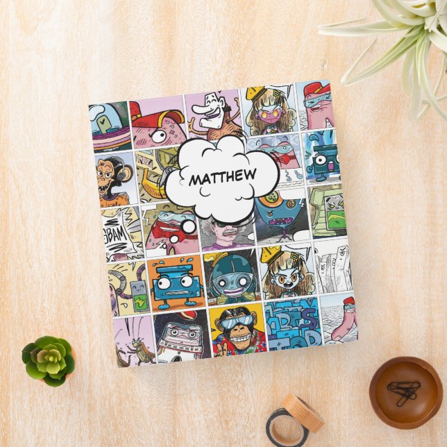 Comics Themed Kids Pattern Speech Balloon Name 3 Ring Binder (In Situ)
