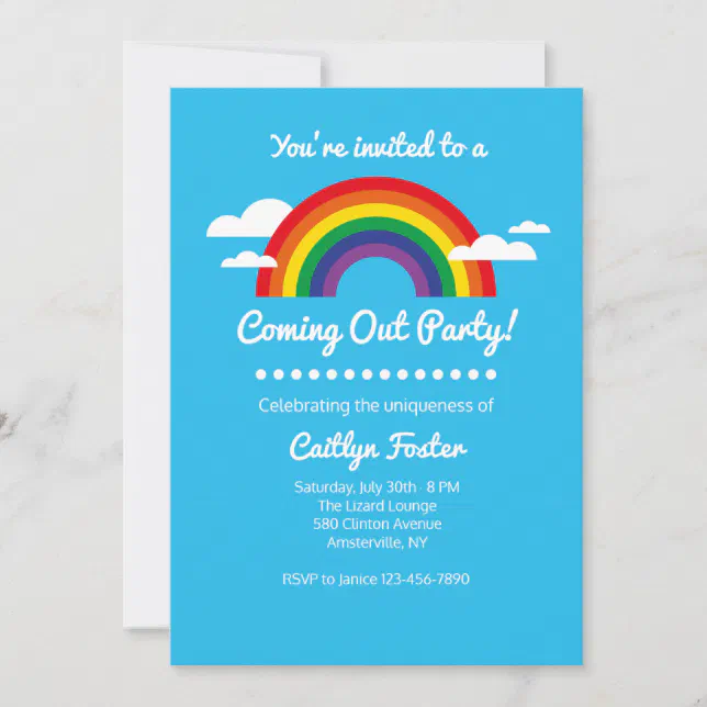 Coming out party invitation with a light blue background and white text. The invitation features a colorful rainbow and clouds. 