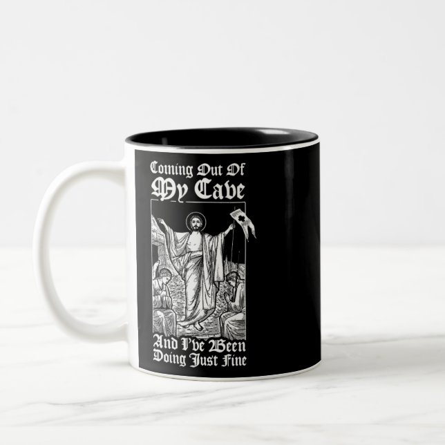 Coming Out Of My Cave Jesus Christian Jesus Meme Two-Tone Coffee Mug (Left)