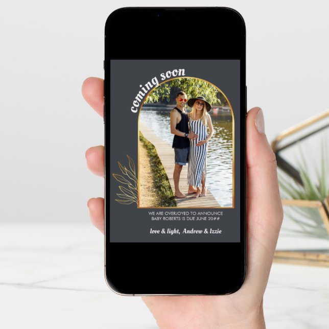 Coming Soon Gold Arch 2 Photo Grey Pregnancy Announcement (Front Digital)