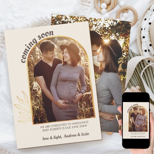 Coming Soon Gold Arch 2 Photo Neutral Pregnancy Announcement