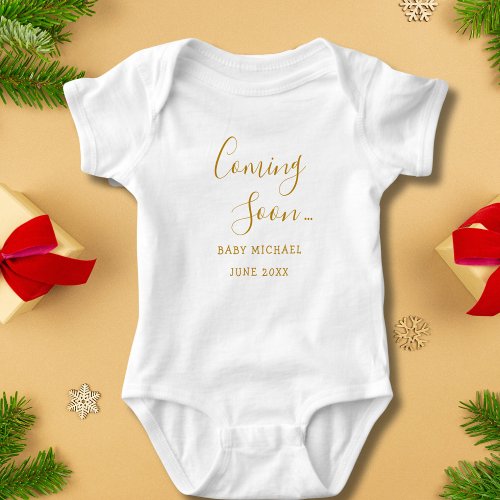 Coming Soon Gold Script  Pregnancy Announcement Baby Bodysuit