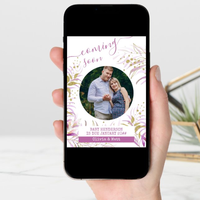 Coming Soon Maternity Photo Elegant Pink Foliage Announcement (Front Digital)