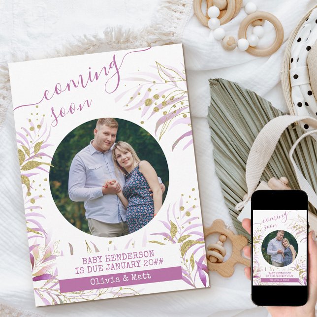 Coming Soon Maternity Photo Elegant Pink Foliage Announcement (Creator Uploaded)