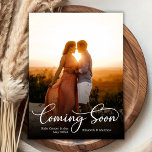 Coming Soon Photo Pregnancy Announcement Postcard<br><div class="desc">Coming Soon Photo Pregnancy Announcement Postcards. Expecting parents! Modern white swirly hand lettered typography "Coming Soon!" script card to share your happy news with family and friends. Features a white handwritten script on full photo. You can personalize the design by replacing the sample text and vertical photo. #3343 If You...</div>