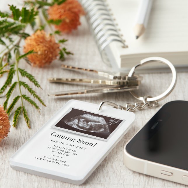 Coming Soon Ultrasound Photo Baby Announcement Keychain (Front Right)