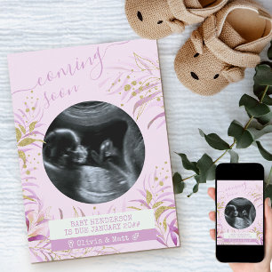 Coming Soon Ultrasound Photo Pink Gold Foliage Announcement