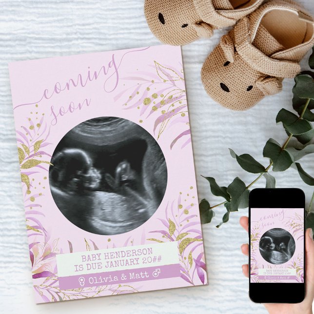 Coming Soon Ultrasound Photo Pink Gold Foliage Announcement (Creator Uploaded)