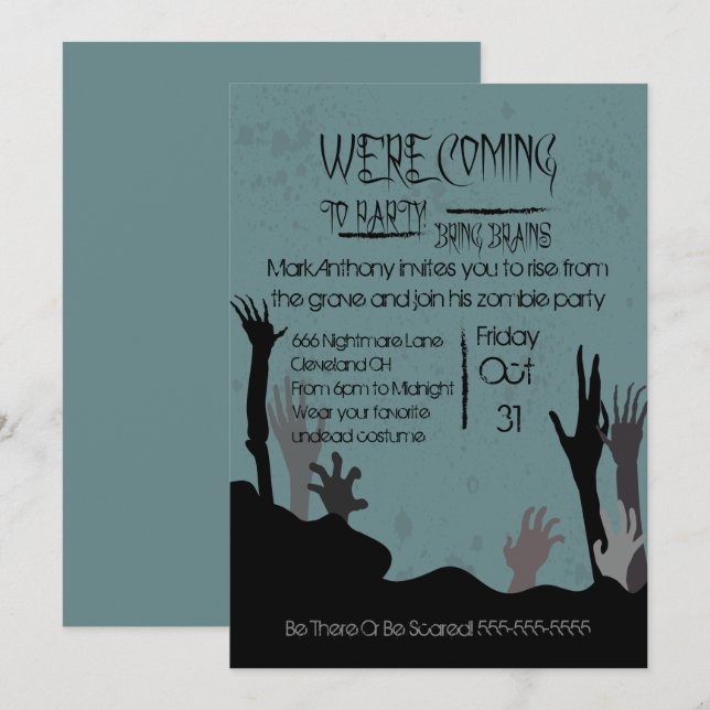 Coming To Party Bring Brains Zombie Invitation (Front/Back)