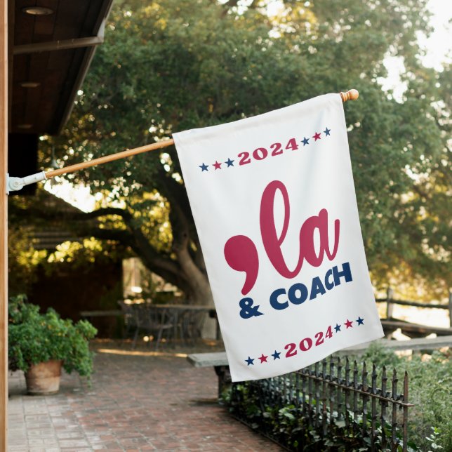 Comma la & Coach-Kamala Harris Tim Walz House Flag (In SItu)