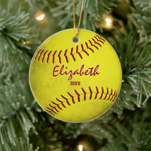 commemorative girls sports grungy yellow softball ceramic ornament