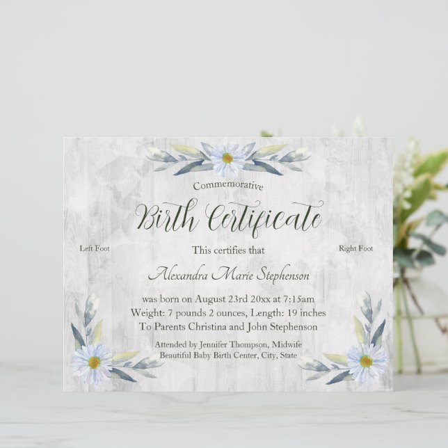 Commemorative New Baby Footprint Birth Certificate (Standing Front)