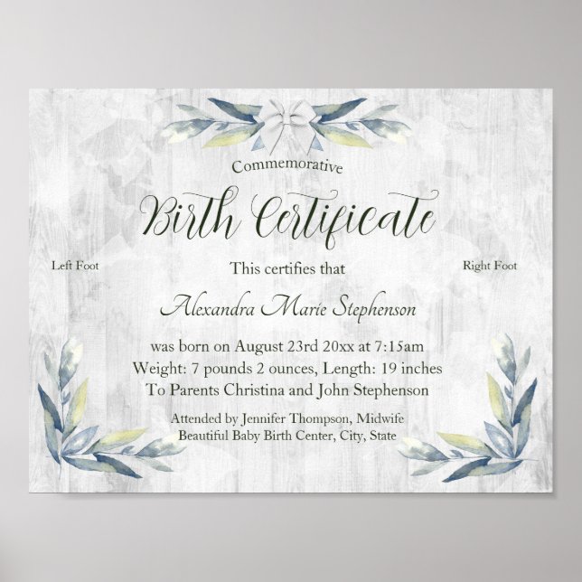 Commemorative New Baby Footprint Birth Certificate Poster (Front)