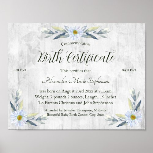 Commemorative New Baby Footprint Birth Certificate Poster