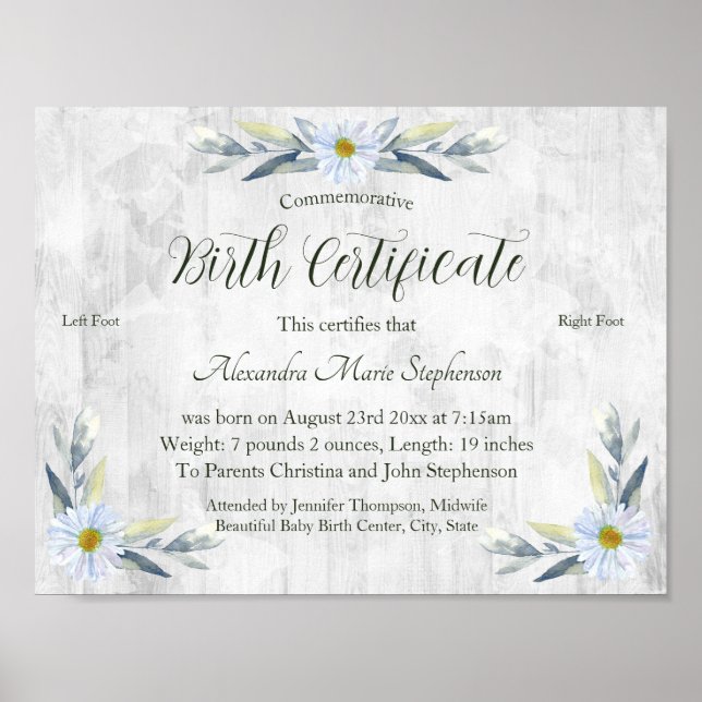 Commemorative New Baby Footprint Birth Certificate Poster (Front)