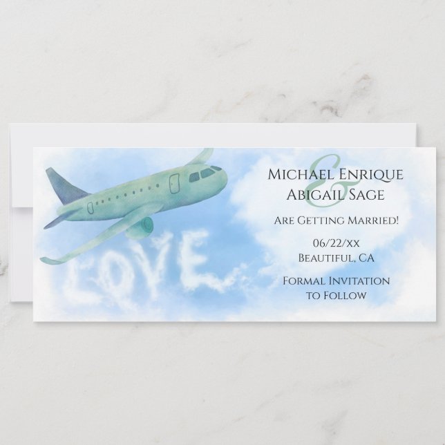 Commercial Airplane Love Jet Stream Travel Wedding Save The Date (Back)