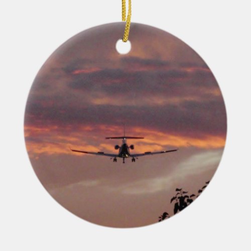 Commercial Jet Landing At Sunset Ceramic Ornament